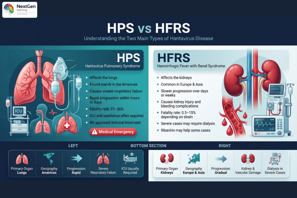 Infographic contrasting Hantavirus Pulmonary Syndrome and Hemorrhagic Fever with Renal Syndrome, showing affected organs, geography, progression, symptoms, and fatality rates.