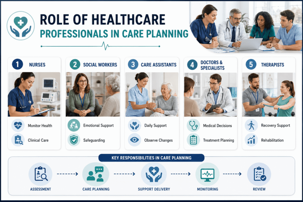 Infographic showing nurses, social workers, care assistants, doctors, and therapists in care planning roles.
