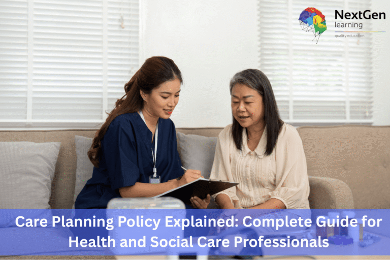 Healthcare professional discussing care planning policy with a client in a modern consultation setting — representing guidance and education for health and social care professionals.
