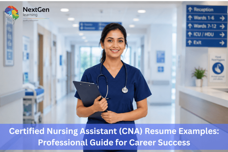 Image showing a healthcare professional in navy scrubs with a stethoscope and clipboard standing in a hospital hallway, symbolising professionalism and career success for Certified Nursing Assistants in UK healthcare settings.