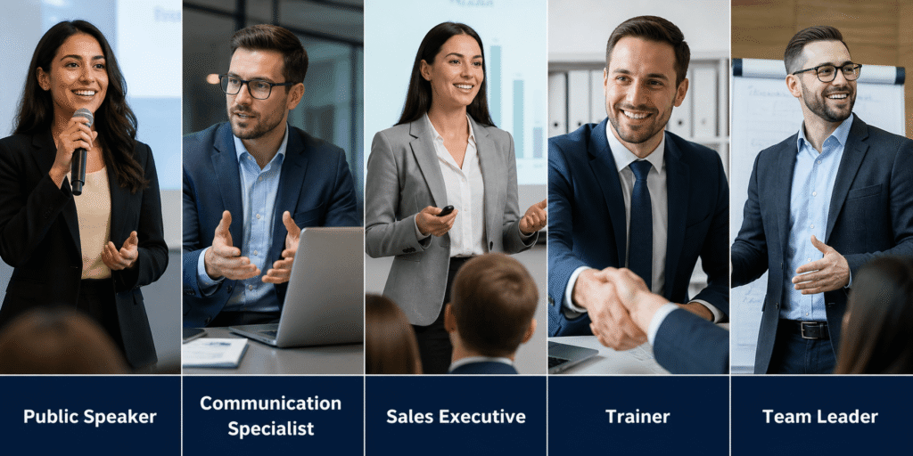 Public speaking career roles including speaker, trainer, and communication specialist