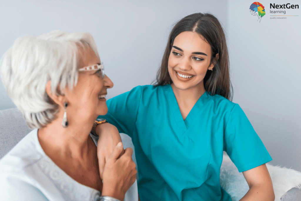 Image showing a healthcare professional in teal scrubs offering supportive interaction with an older client, symbolising trust, empathy, communication, and compassion in building strong client‑carer relationships.