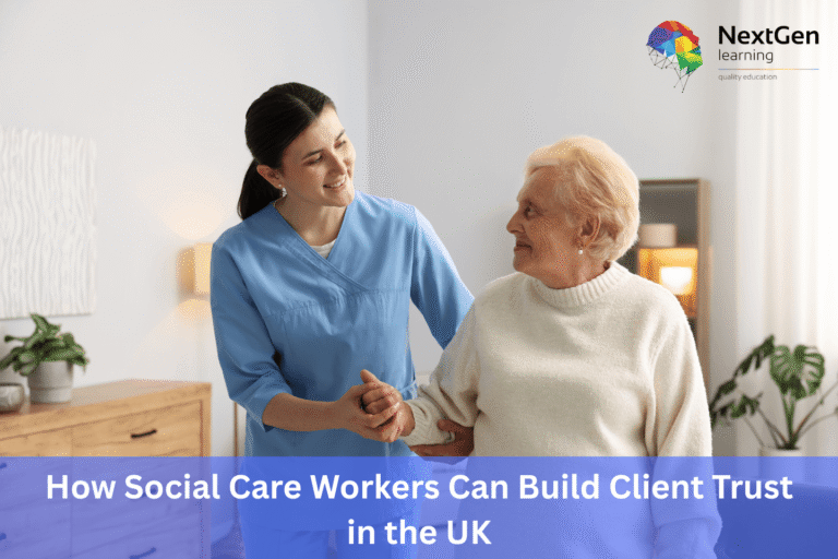 Image showing a social care worker in blue scrubs supporting an elderly client indoors, symbolising compassion, professionalism, and trust in UK social care services.