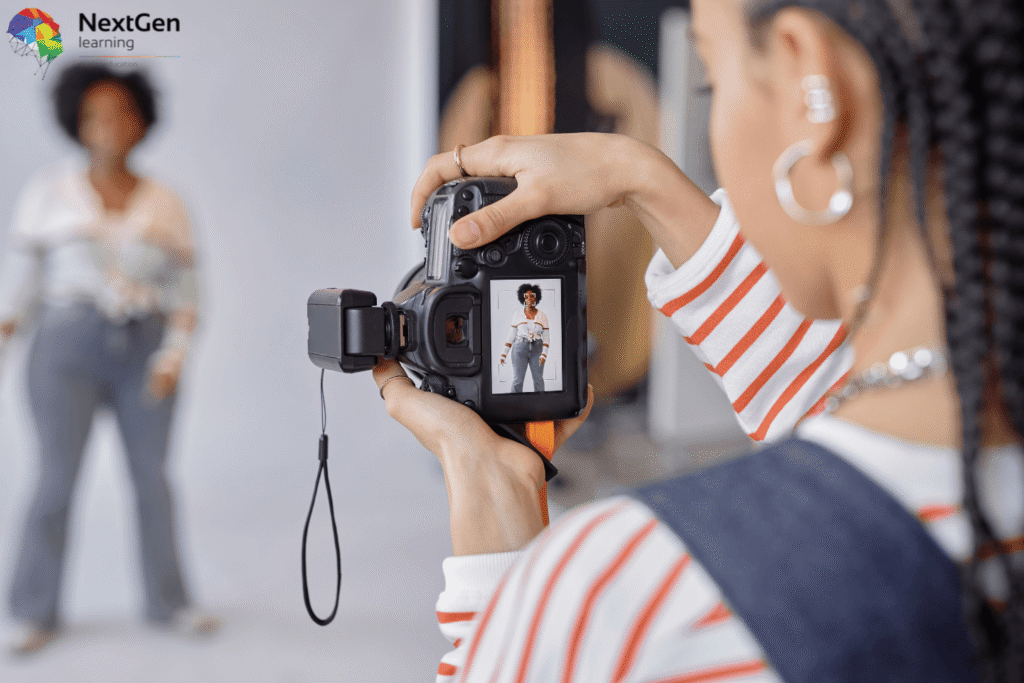 Image showing a photographer capturing a portrait in a studio setting, with DSLR camera and blurred background, representing professional photography work including shooting, editing, client collaboration, and creative direction.