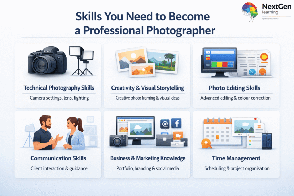 Infographic showing six essential skills for professional photographers — technical photography skills, creativity and visual storytelling, photo editing, communication, business and marketing knowledge, and time management — with clean icons and modern design.