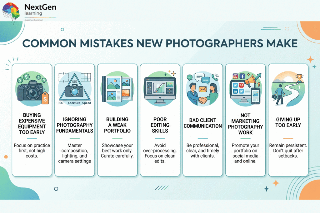 Infographic highlighting seven common mistakes beginner photographers make — buying expensive equipment too early, ignoring fundamentals, building a weak portfolio, poor editing skills, bad client communication, not marketing photography work, and giving up too early — with clean icons and modern design.