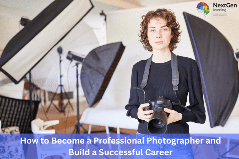 Educational image showing a photographer in a studio with DSLR camera, lighting equipment, and softboxes, representing professional photography training and career development.
