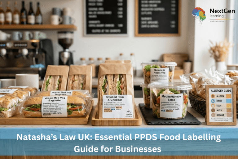 Food counter displaying pre‑packaged sandwiches, baguettes, and salads with clear allergen labels, illustrating compliance with Natasha’s Law PPDS requirements in the UK.