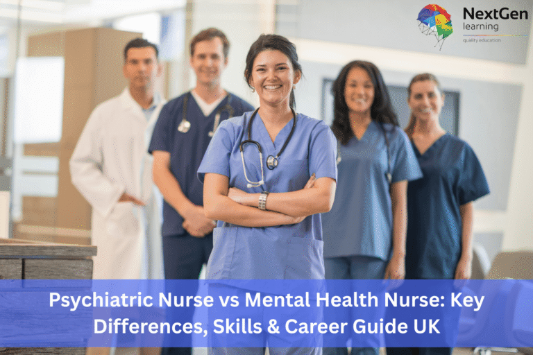 Infographic image showing healthcare professionals in a clinical setting, representing a comparison between psychiatric nurses and mental health nurses in the UK, highlighting differences in roles, skills, and career pathways.