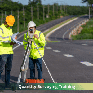 Road construction surveyors using professional measuring equipment for quantity surveying and infrastructure planning on a modern highway project