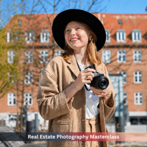 Smiling female photographer holding a professional camera outdoors in front of a modern residential building, representing real estate photography training.