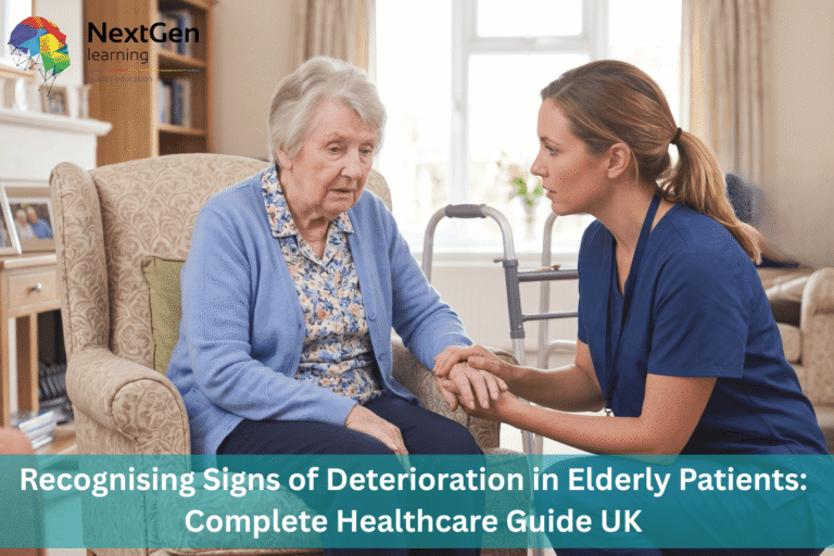 Image showing a healthcare professional in blue scrubs interacting compassionately with an elderly patient seated in a home care setting, symbolising the importance of recognising early signs of health deterioration in older adults within UK healthcare and social care environments.