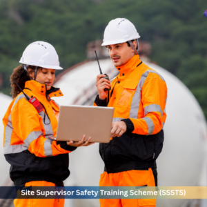 Site Supervisor Safety Training Scheme (SSSTS) professionals conducting workplace safety inspection and site management training in a construction environment