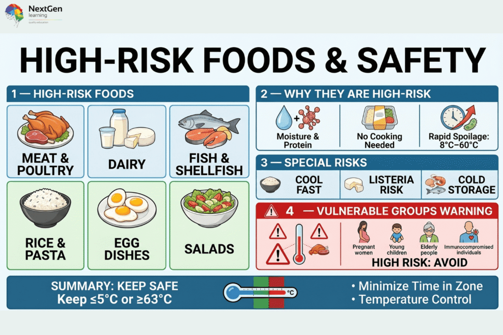 Infographic showing high‑risk foods like meat, dairy, seafood, rice, and salads with food safety tips, temperature control, and vulnerable group warnings.