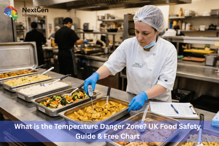 Chef checking food with a digital thermometer in a professional kitchen, illustrating UK food safety practices and FSA temperature danger zone compliance.