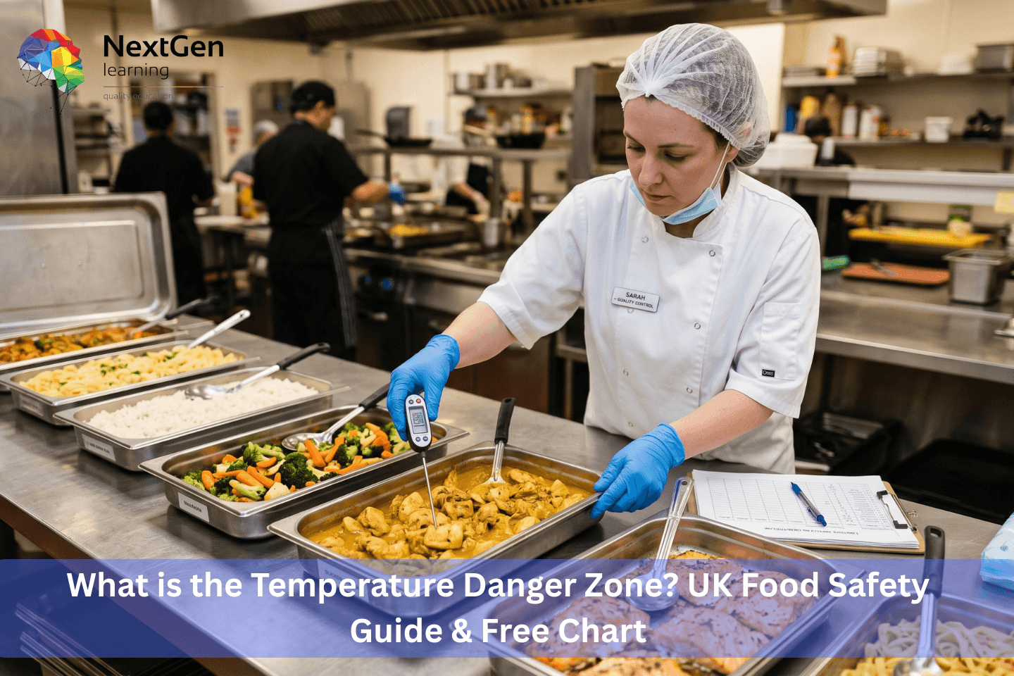 Chef checking food with a digital thermometer in a professional kitchen, illustrating UK food safety practices and FSA temperature danger zone compliance.