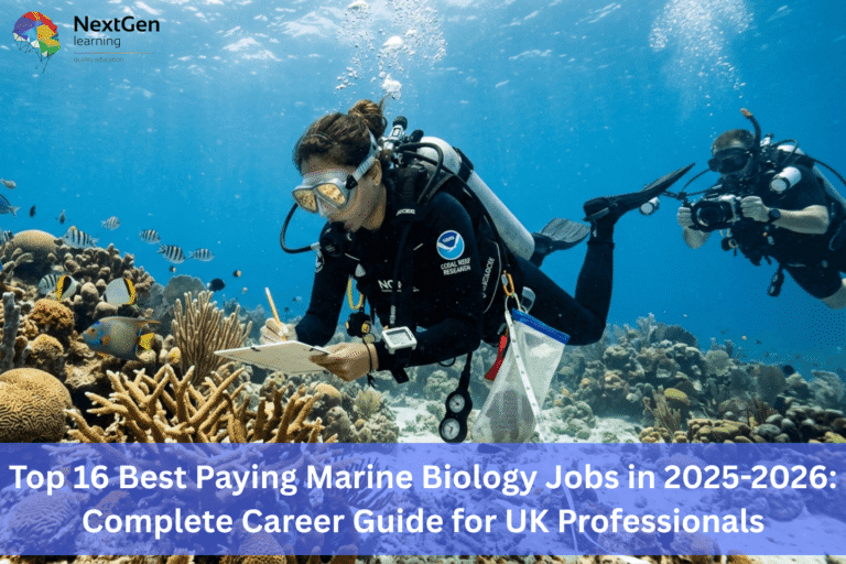 Image showing scuba divers conducting marine biology research near a coral reef, one recording data on a clipboard and another capturing underwater images, symbolising professional marine biology careers and high‑paying job opportunities in the UK for 2025–2026.