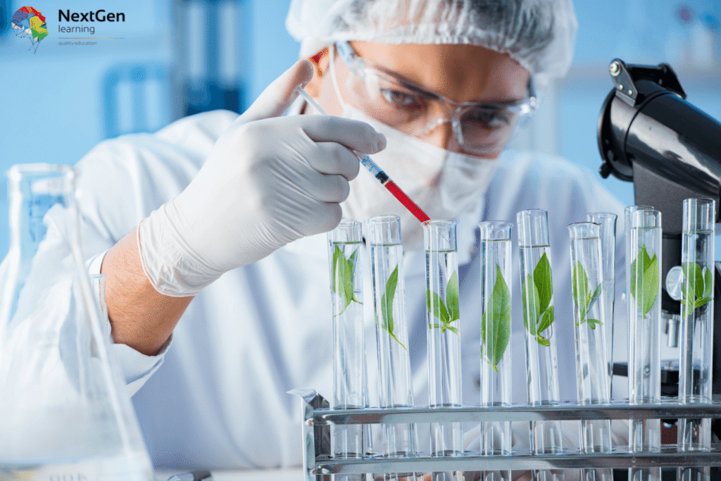 Image showing a medical scientist in protective laboratory clothing using a pipette to add liquid into test tubes containing plant samples, with a microscope and laboratory equipment nearby, symbolising advanced medical and biological research.