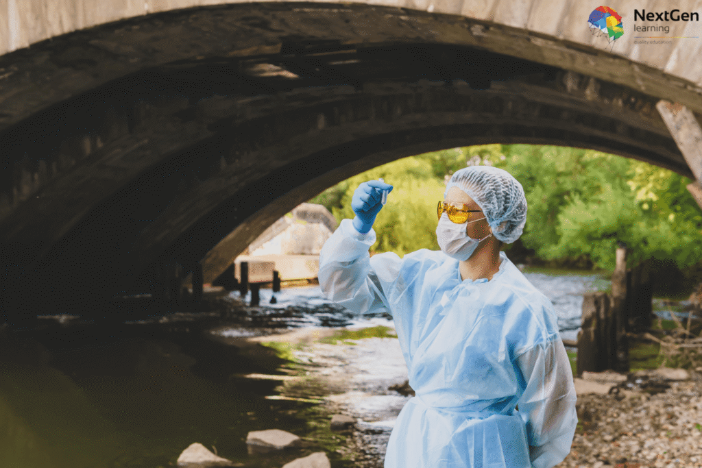 Image showing a wildlife ecologist in protective clothing collecting a water sample under a bridge near a stream, symbolising environmental monitoring, ecological research, and conservation careers.