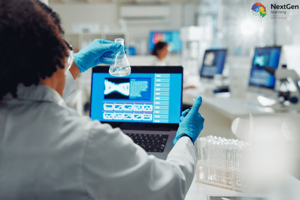 Image showing a bioinformatics specialist in a laboratory holding a flask while analysing DNA data on a laptop screen, with scientific charts and laboratory equipment in the background, symbolising careers at the intersection of biology, data science, and genetic research.