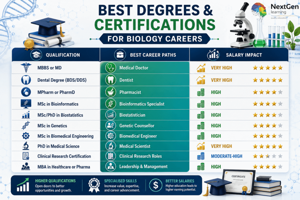 Infographic showing top biology qualifications, career paths, and salary impact, including MBBS, dental degrees, pharmacy, bioinformatics, biostatistics, genetics, biomedical engineering, medical science PhD, clinical research certification, and MBA in healthcare or pharma.