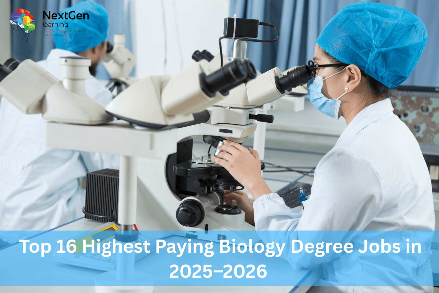 Image showing two scientists in laboratory coats and masks working with microscopes, representing biology and research careers, aligned with the theme of top‑paying biology degree jobs projected for 2025–2026.