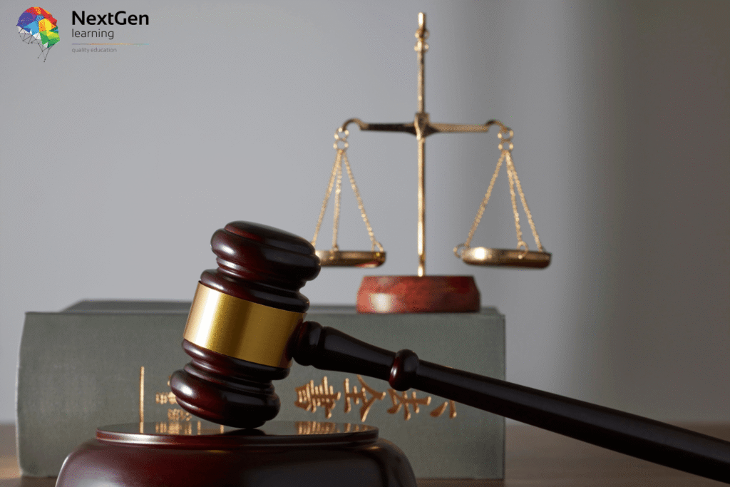 Educational image with gavel, law book, and scales of justice, symbolising the introduction of Natasha’s Law in the UK to improve allergen labelling and food safety.