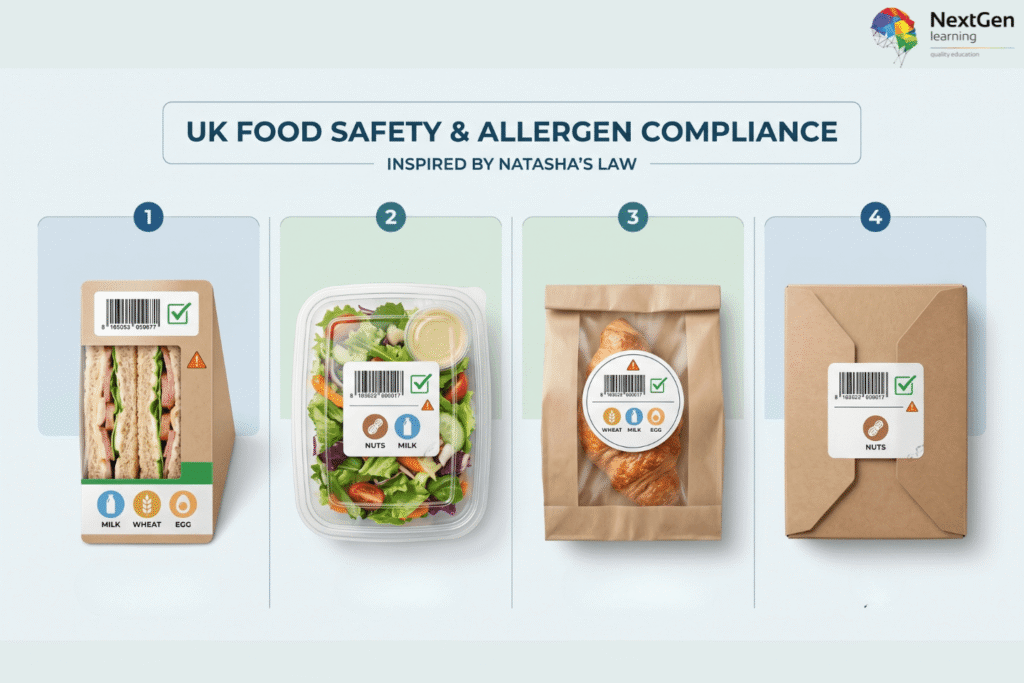Infographic showing four examples of food packaging with clear allergen labels on sandwiches, salads, croissants, and boxed items, demonstrating compliance with Natasha’s Law in the UK.