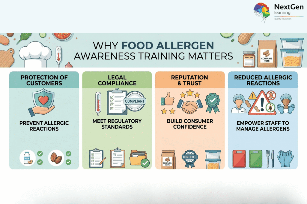 Infographic showing four reasons food allergen awareness training is important: protecting customers, meeting legal compliance, building trust, and reducing allergic reactions with staff empowerment.