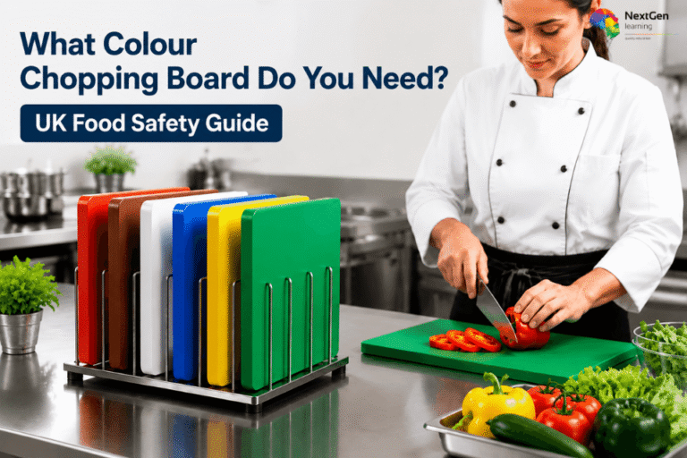 Chef slicing vegetables on a green chopping board with a set of UK colour-coded chopping boards for food safety in a professional kitchen.