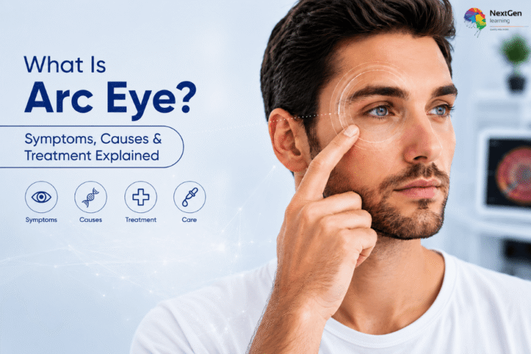 Professional medical illustration showing a man experiencing Arc Eye symptoms while touching his eye, highlighting UV eye damage, eye irritation and treatment concepts in a healthcare setting.