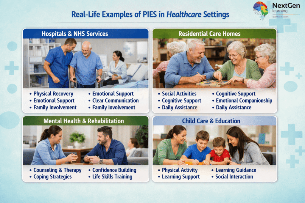 Infographic showing real-life examples of the PIES model in healthcare settings, including hospitals and NHS services with physical recovery, emotional support, clear communication, and family involvement; residential care homes with social activities, cognitive support, companionship, and daily assistance; mental health and rehabilitation with counselling, coping strategies, confidence building, and life skills training; and child care and education with physical activity, learning support, guidance, and social interaction.