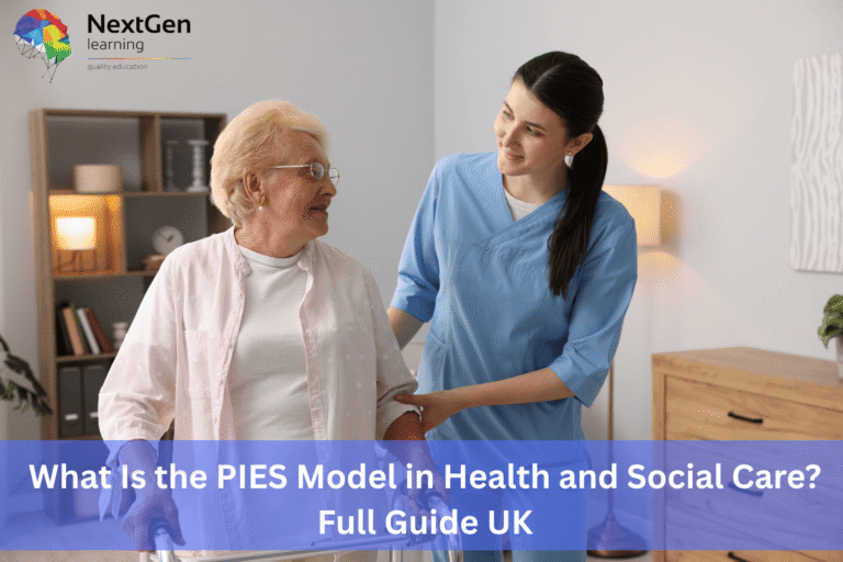 Image showing a healthcare professional assisting an older adult with a walker in a supportive indoor setting, symbolising the PIES model in UK health and social care, which focuses on physical, intellectual, emotional, and social wellbeing.