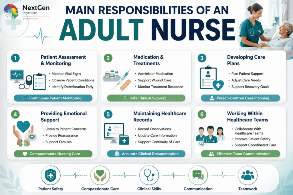 Infographic outlining six main responsibilities of adult nurses, including patient assessment and monitoring, administering medication and treatments, developing care plans, providing emotional support, maintaining healthcare records, and working within healthcare teams, with a bottom strip highlighting core values such as patient safety, compassion, clinical skills, communication, and teamwork.