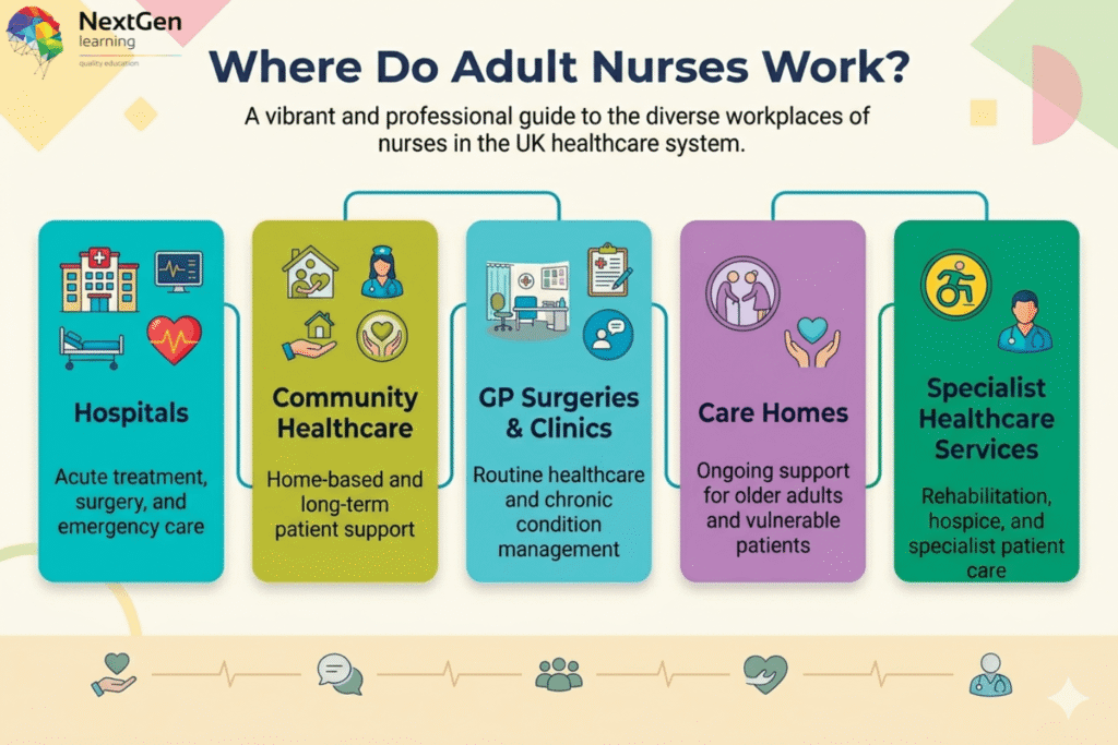 Infographic showing five main workplaces for adult nurses in UK healthcare: hospitals for acute and emergency care, community healthcare for home‑based support, GP surgeries and clinics for routine care, care homes for older adults, and specialist healthcare services such as rehabilitation and hospice care.