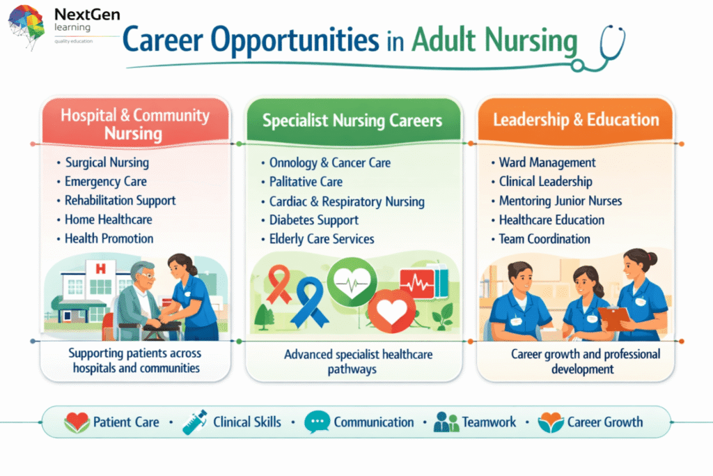 Infographic showing career opportunities in adult nursing, including hospital and community nursing roles such as surgical care and rehabilitation, specialist nursing careers like oncology, palliative care, and elderly services, and leadership and education pathways such as ward management, clinical leadership, and mentoring, with icons highlighting patient care, clinical skills, communication, teamwork, and career growth.