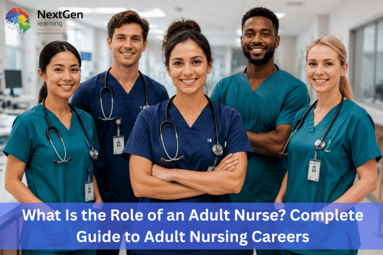 Image showing a team of healthcare professionals in scrubs and stethoscopes standing together in a hospital setting, representing adult nurses and their collaborative role in patient care, recovery, and healthcare education within UK nursing careers.