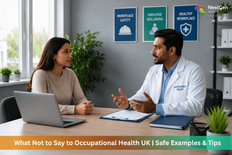 Occupational Health consultation in a UK workplace showing an employee speaking with an Occupational Health adviser about workplace support, stress, and reasonable adjustments.