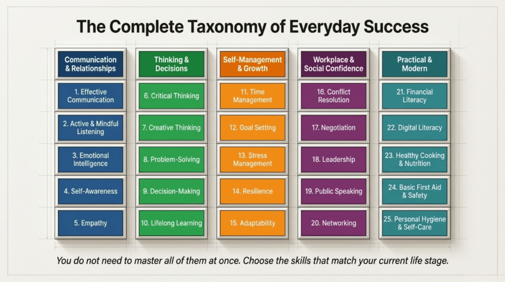 25 essential life skills grouped by personal growth categories