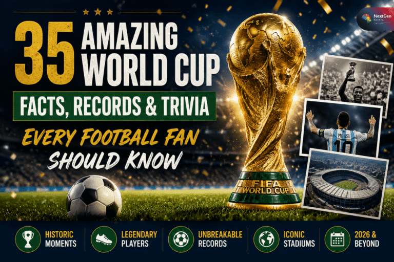 35 Amazing World Cup Facts, Records and Trivia cover image featuring the FIFA World Cup Trophy, Lionel Messi, Pelé, iconic football stadiums and historic World Cup records.