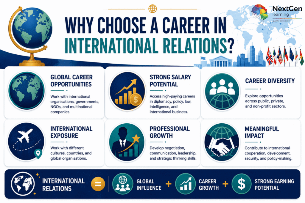 Infographic explaining benefits of international relations careers, including global opportunities, strong salary potential, career diversity, international exposure, professional growth, and meaningful impact.