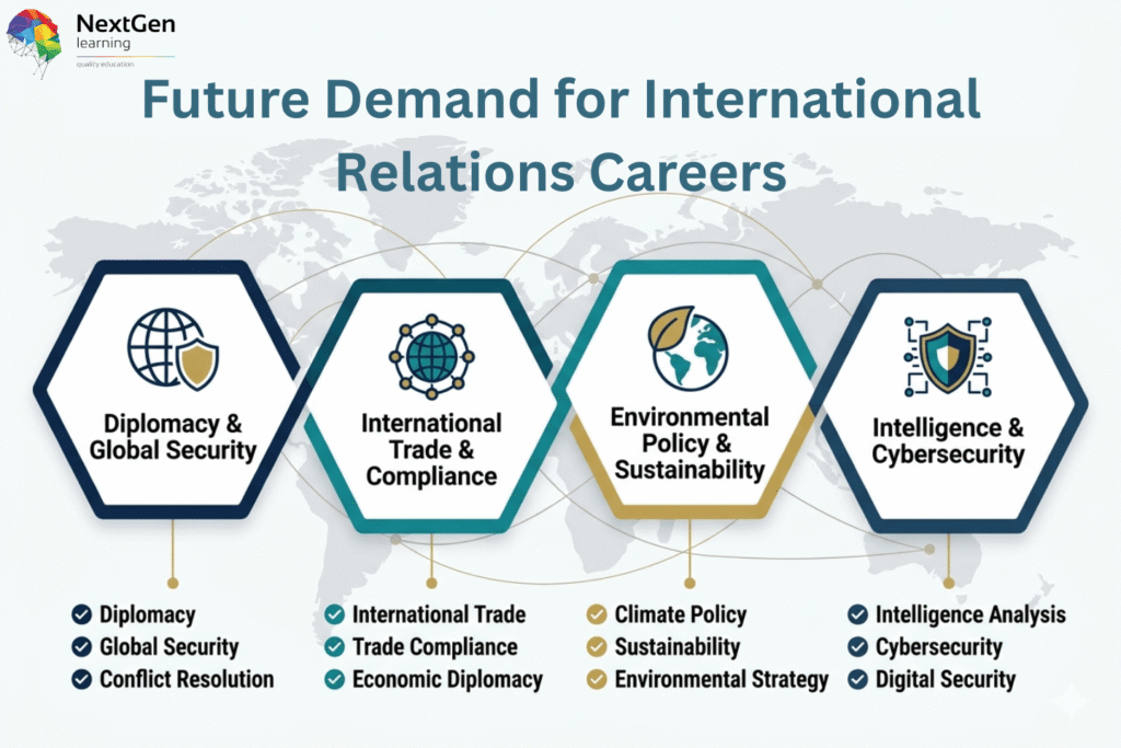 Infographic highlighting future demand in international relations careers, including diplomacy, global security, trade compliance, environmental sustainability, intelligence, and cybersecurity.