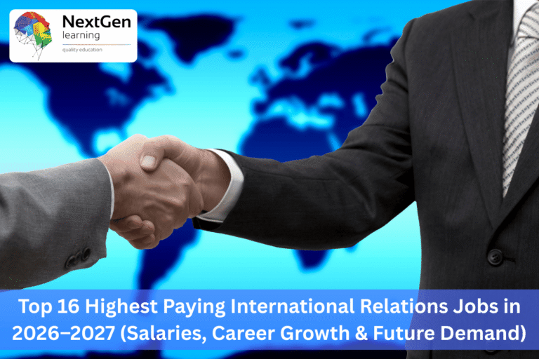 Infographic showing global business professionals shaking hands in front of a world map, symbolising high‑paying international relations careers, salaries, and future demand for 2026–2027.