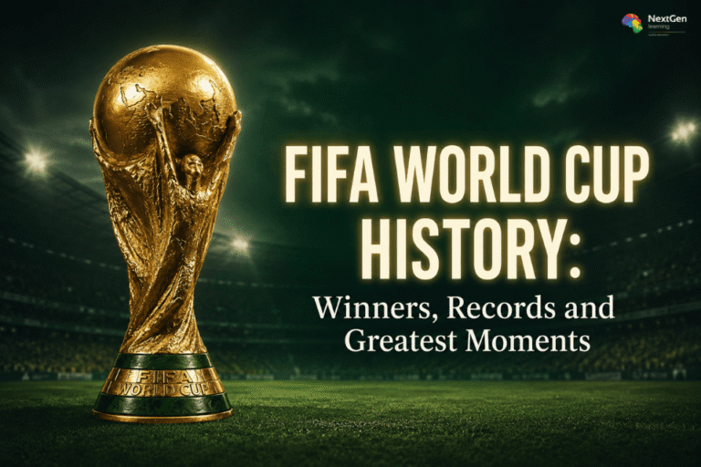 FIFA World Cup trophy in a stadium with title FIFA World Cup History, highlighting World Cup winners, records and greatest moments in football history.