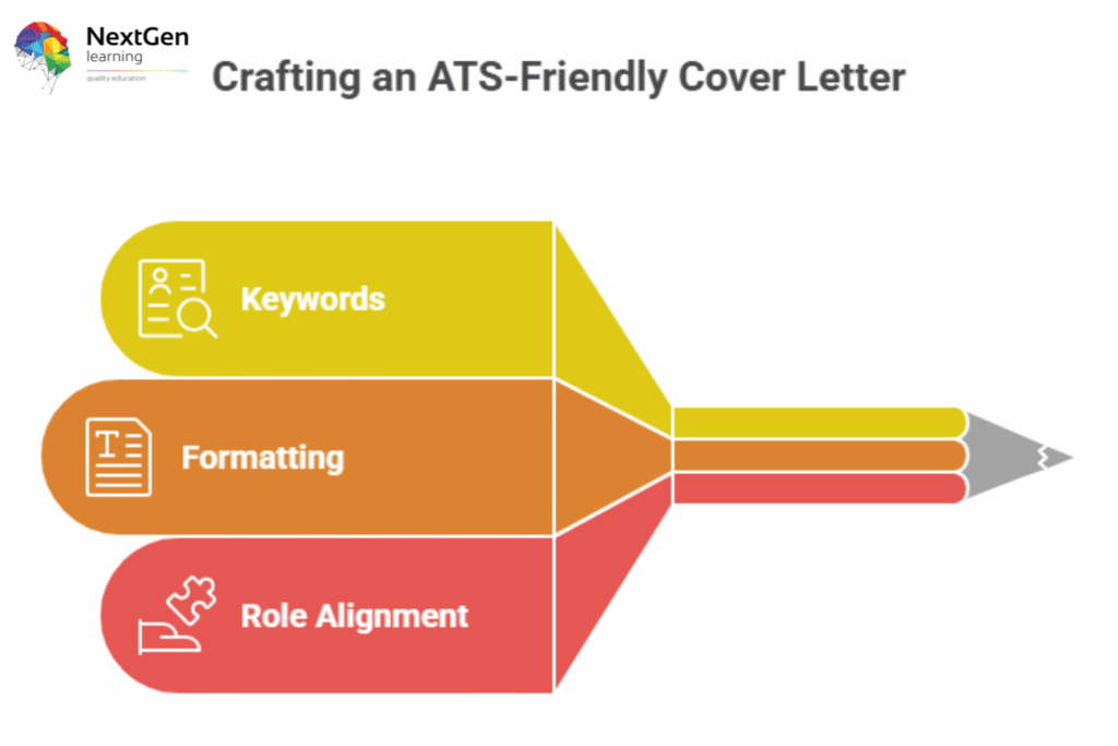 Infographic showing tips for crafting ATS‑friendly cover letters, highlighting keywords, formatting, and role alignment to improve automated hiring success.