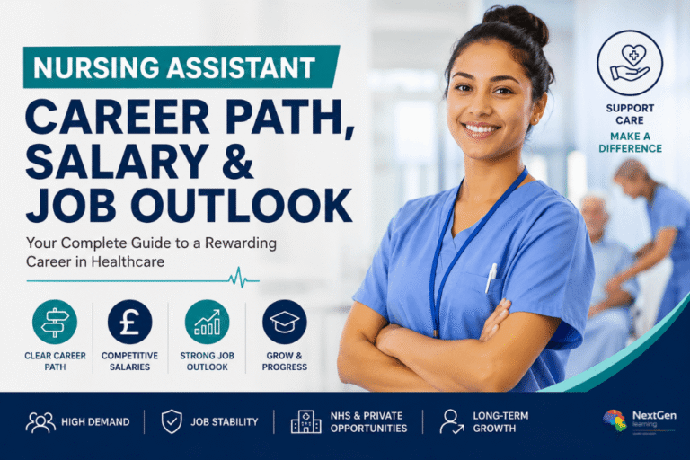 Professional nursing assistant in a UK healthcare setting highlighting career path, salary expectations, qualifications, job outlook, and progression opportunities for 2026–27.