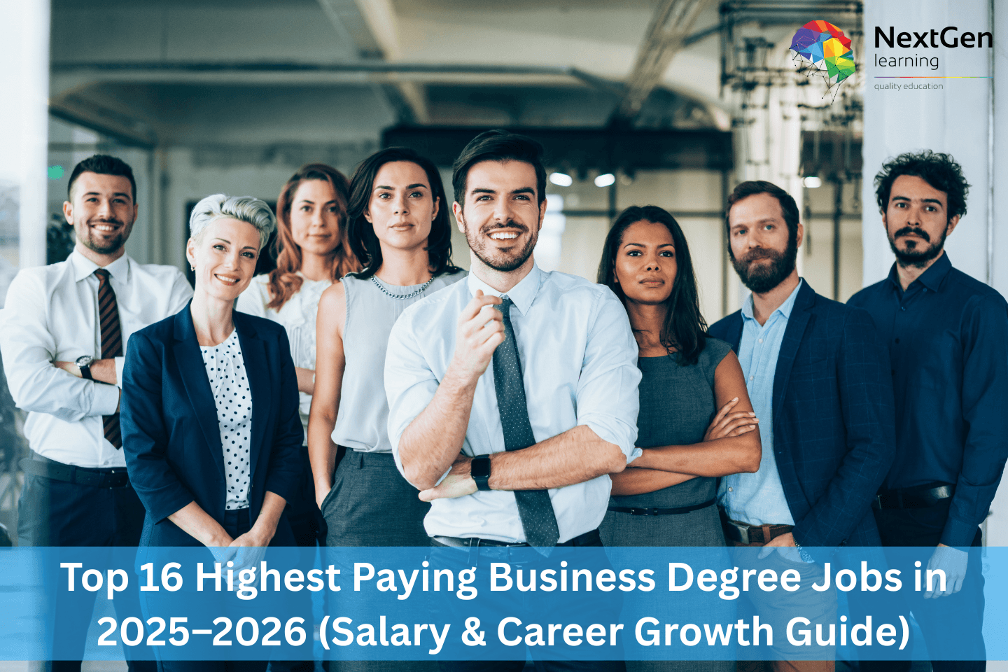 Infographic showing sixteen high‑paying business careers for 2025–2026, with salary and growth guide, symbolising professional opportunities and career advancement.