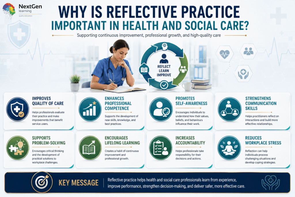 Infographic explaining why reflective practice is important in health and social care, highlighting benefits such as improved care quality, professional competence, self‑awareness, communication, problem‑solving, lifelong learning, accountability, and stress reduction.