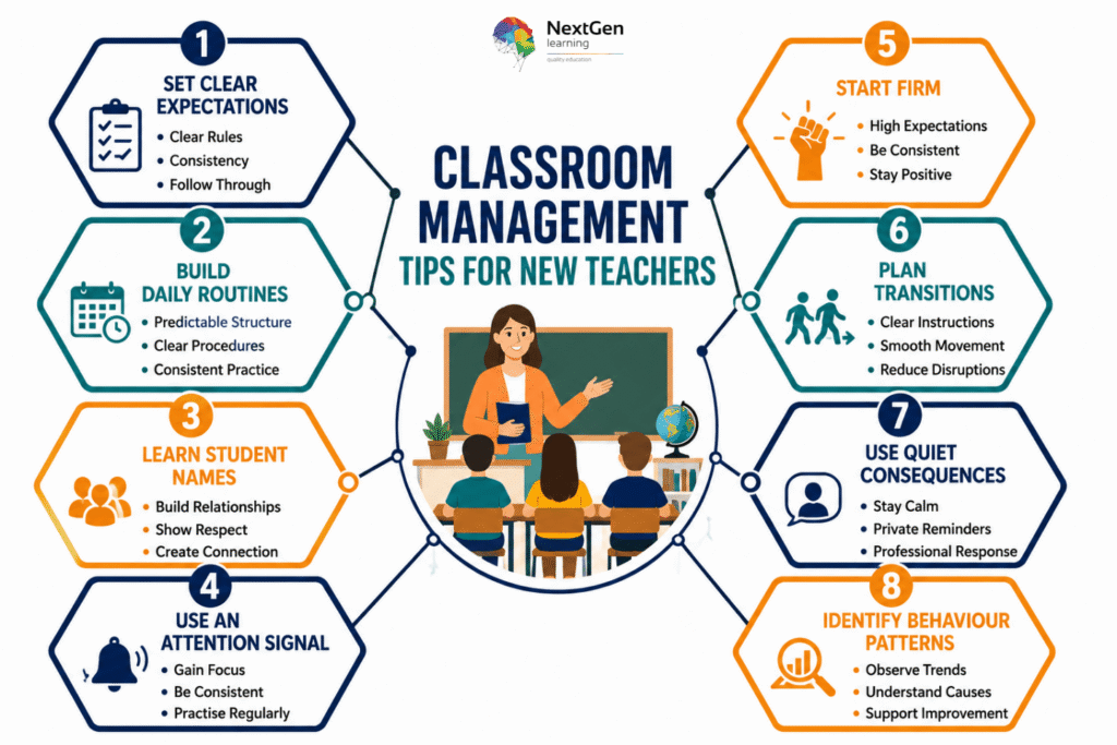 Infographic showing eight classroom management tips for new teachers, including clear expectations, daily routines, learning names, attention signals, firm starts, smooth transitions, quiet consequences, and behaviour pattern identification.