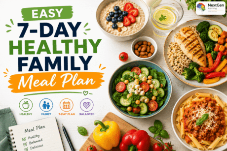 Infographic showing a 7‑day healthy family meal plan, highlighting balanced meals with fruits, vegetables, lean proteins, whole grains, and nutritious recipes designed for health, family, and organization.